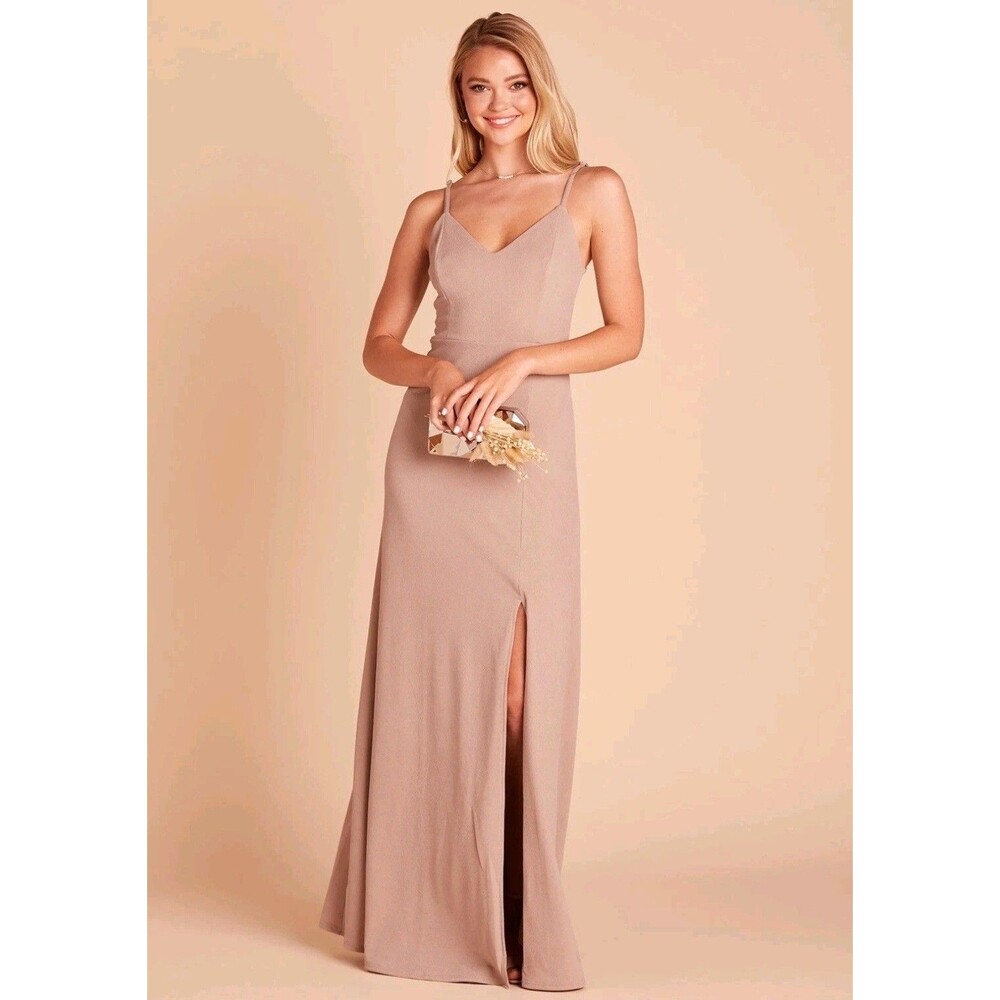 NWT Birdy Grey Jay Long Maxi Dress Womens XL Crepe Leg Slit In Taupe Wedding